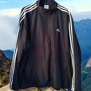 Adidas Men's Quarter Zip Navy Blue Windbreaker with White Stripes Pullover - XL